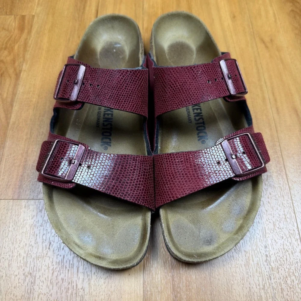 Birkenstock Arizona Maroon Red Lizard Embossed Sandals Mens‎ 9 L11 M9 EU 42
